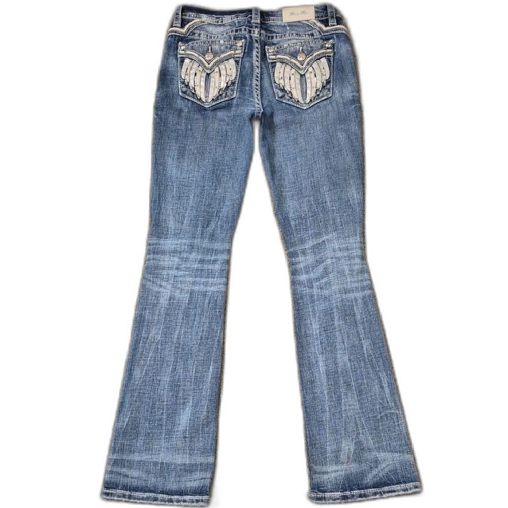 Miss Me Jeans 27 Mid Rise Bootcut Distressed Rhinestone Wings Western Y2K Denim